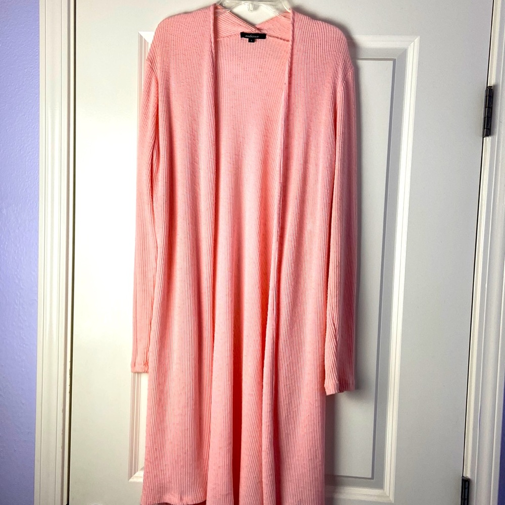 Peach extra long ribbed open duster cardigan with full slits on sides